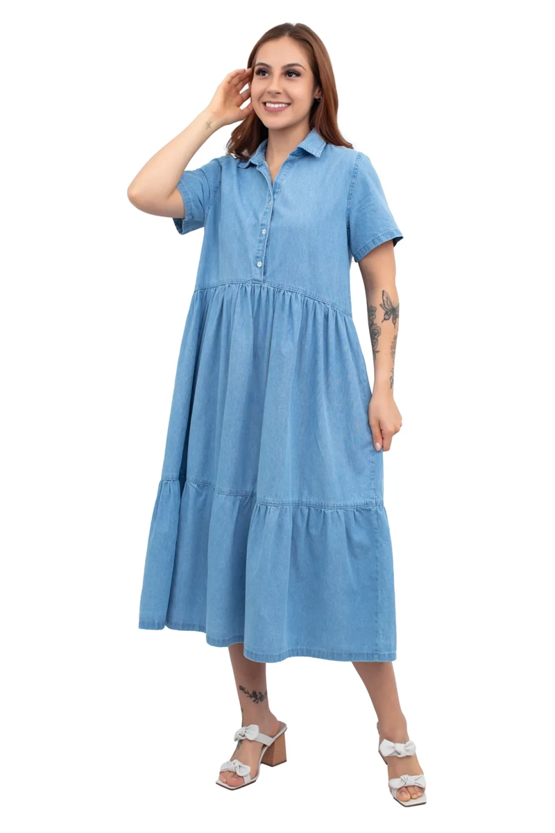 VESTIDO MIDI MARIAS DECOTE V ADULTO SARJA CLARO CAMBOS JEANS
