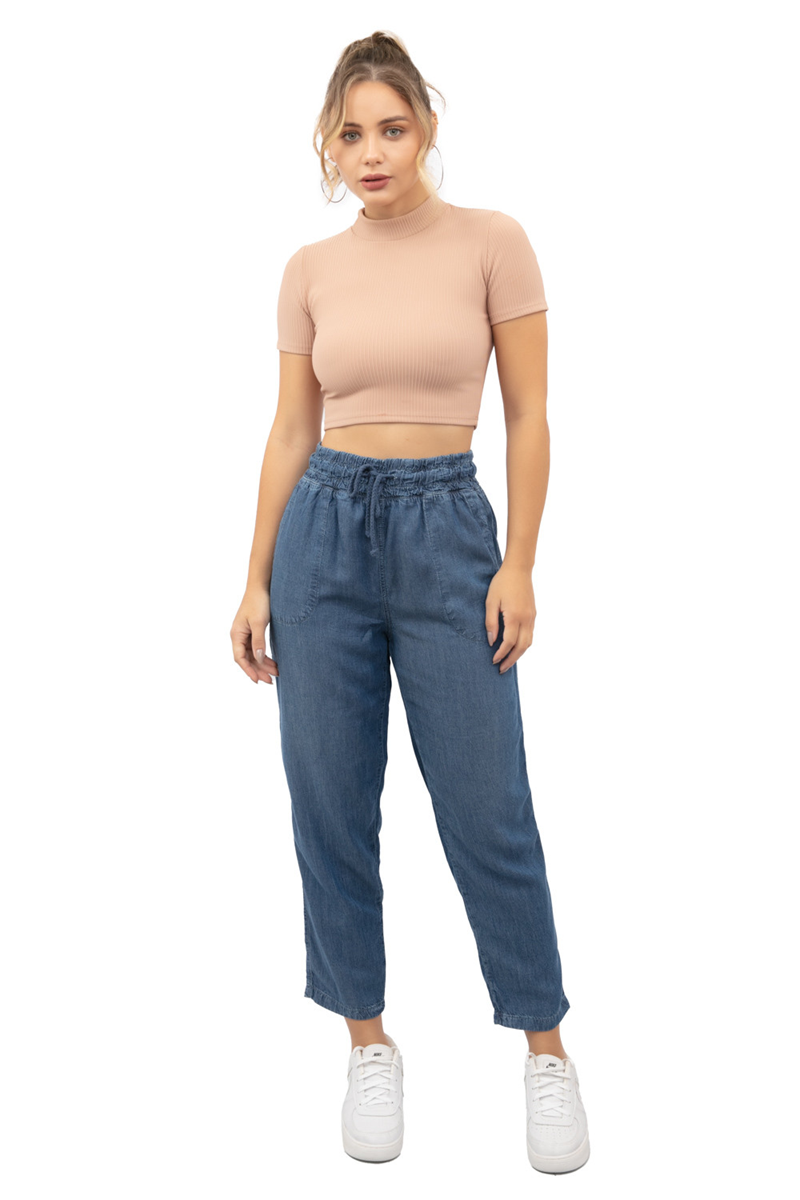 CALÇA JEANS JOGGER CÓS ELÁSTICO CORDÃO FEMININA