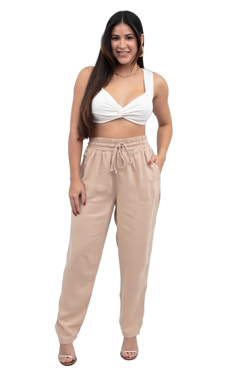 Calça Feminino Jogger  Tencel Elástico Cordão Tecido Cambos