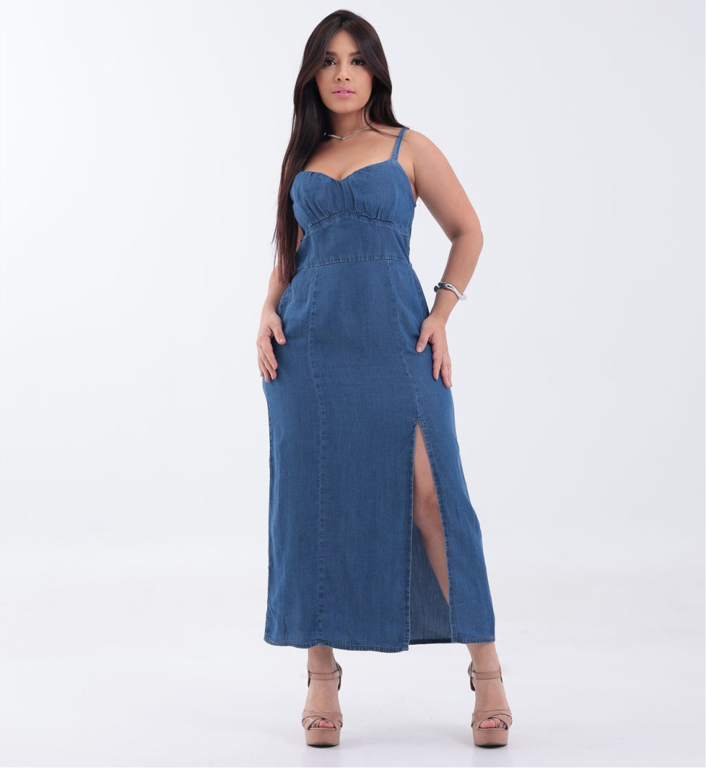 Vestido Jeans Midi com Fenda
