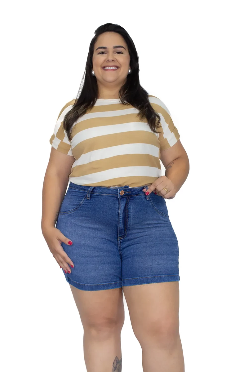 SHORTS JEANS FEMININO BÁSICO CURTO VERSÁTIL PLUS SIZE CAMBOS