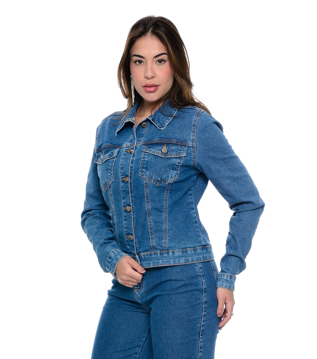 Jaqueta Feminina Tradicional Com Bolso e Lapela Jeans Cambos