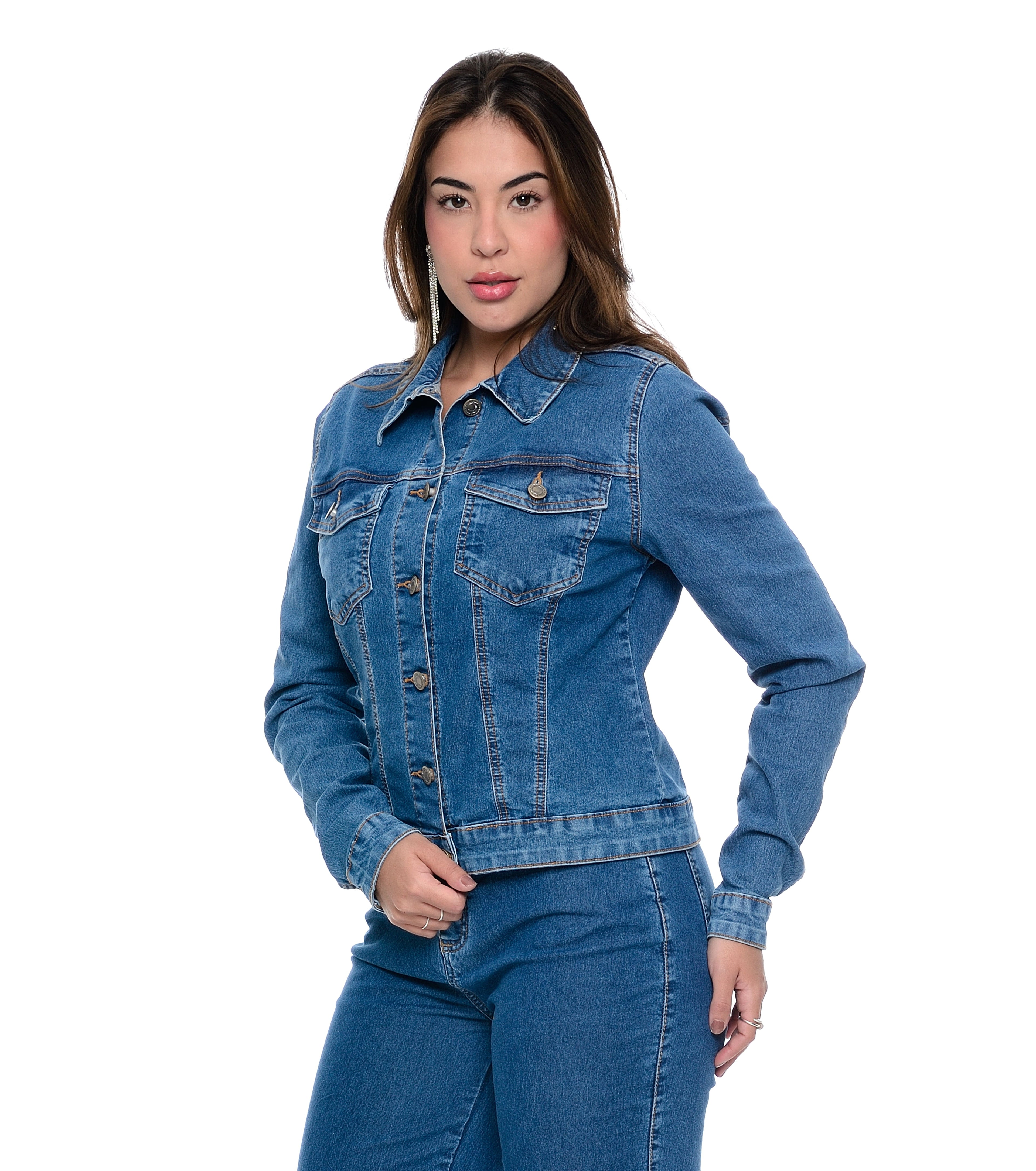 Jaqueta Feminina Tradicional Com Bolso e Lapela Jeans Cambos