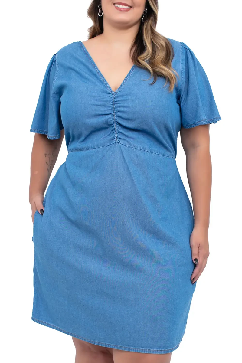 VESTIDO FEMININO PLUS SIZE CURTO BOLSO FRONTAL CAMBOS JEANS