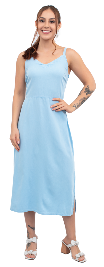 VESTIDO MIDI DECOTE V LASTEX FEMININO ALÇA CAMBOS JEANS