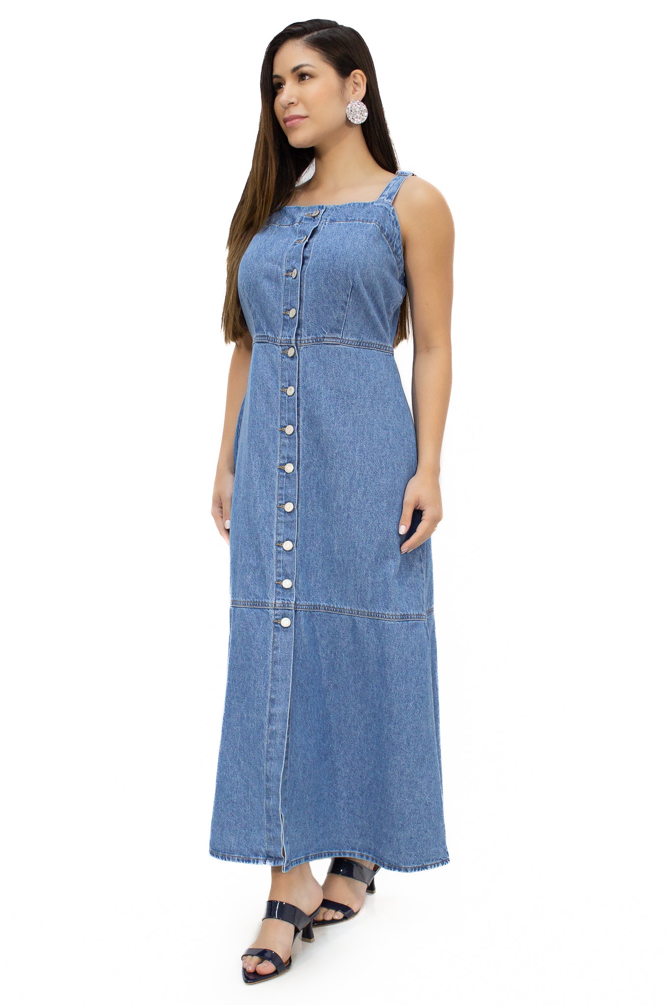 Vestido Jeans Longo com Botões Frontais