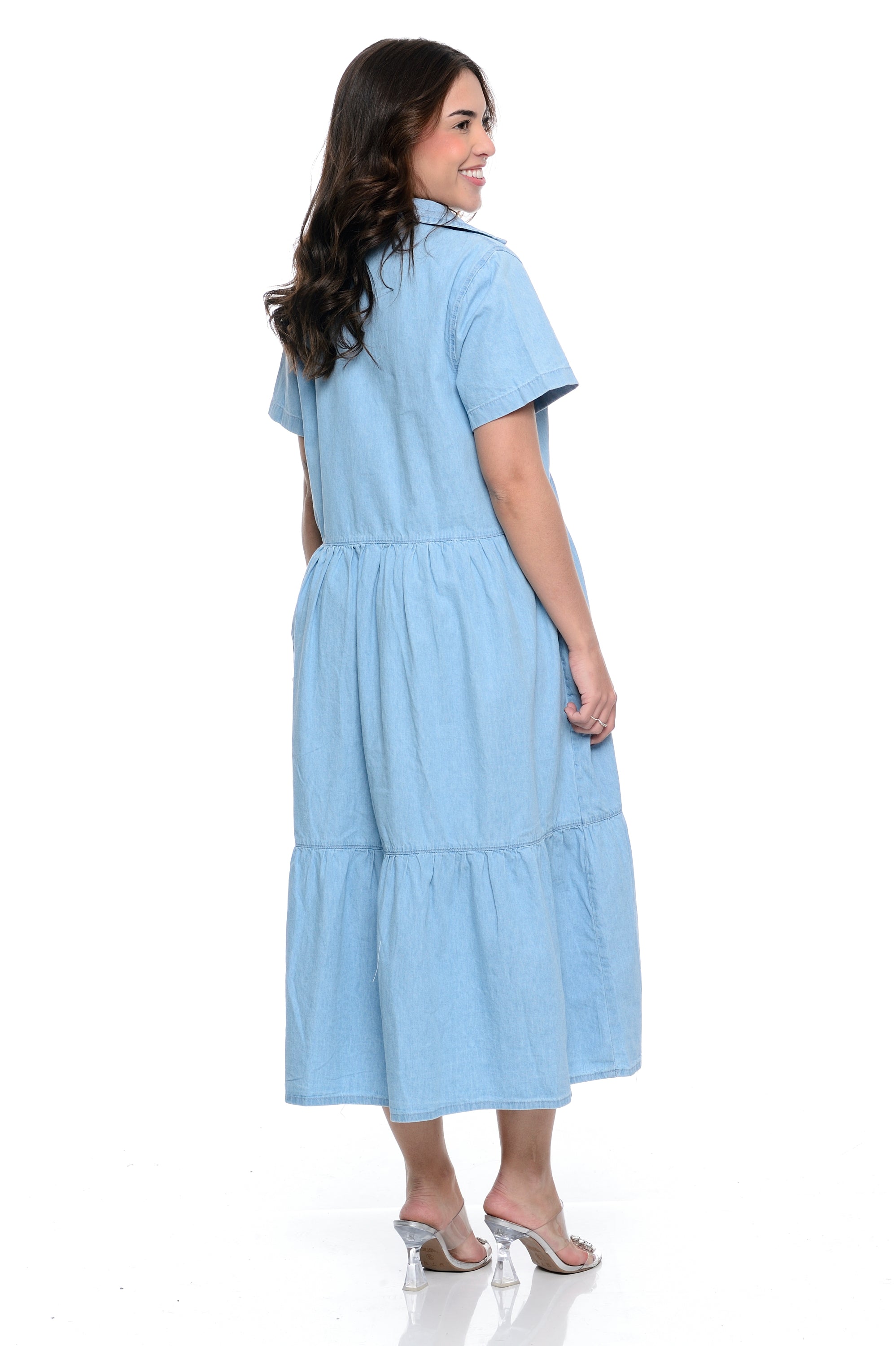 Vestido Midi Marias Decote V Jeans Claro Cambos Casual Botão