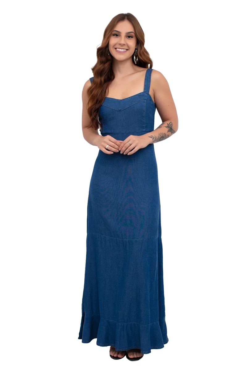 VESTIDO FEMININO LONGO ALÇA GROSSA LASTEX CAMBOS JEANS