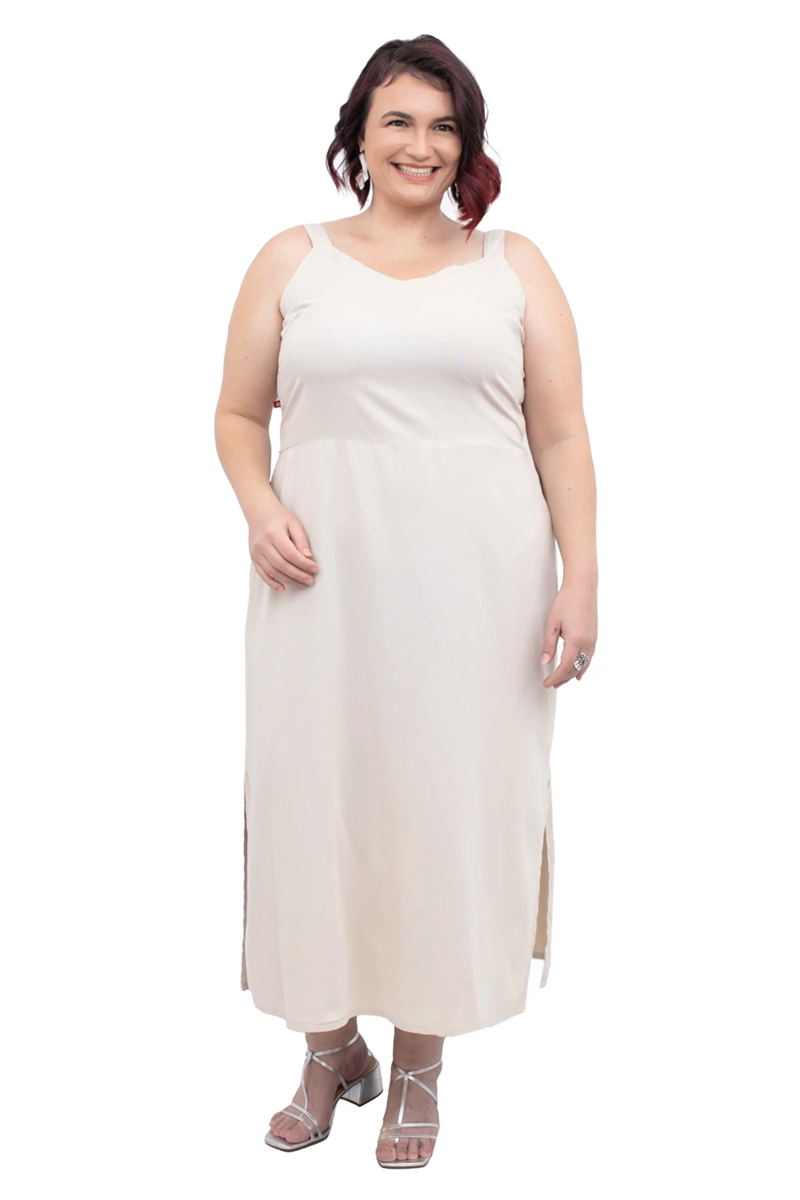 VESTIDO MIDI DECOTE V LASTEX FEMININO PLUS SIZE CAMBOS JEANS