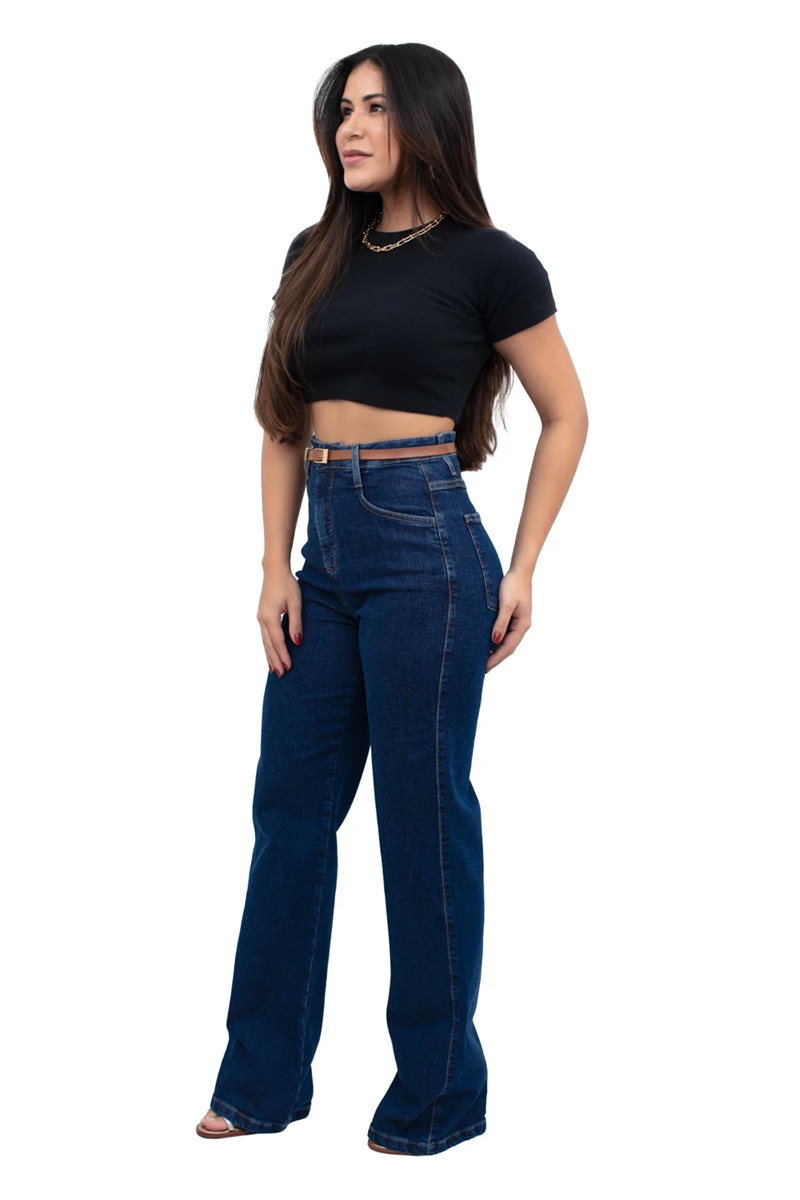 CALÇA FEMININA WIDE LEG LYCRA BÁSICA CINTO CAMBOS JEANS
