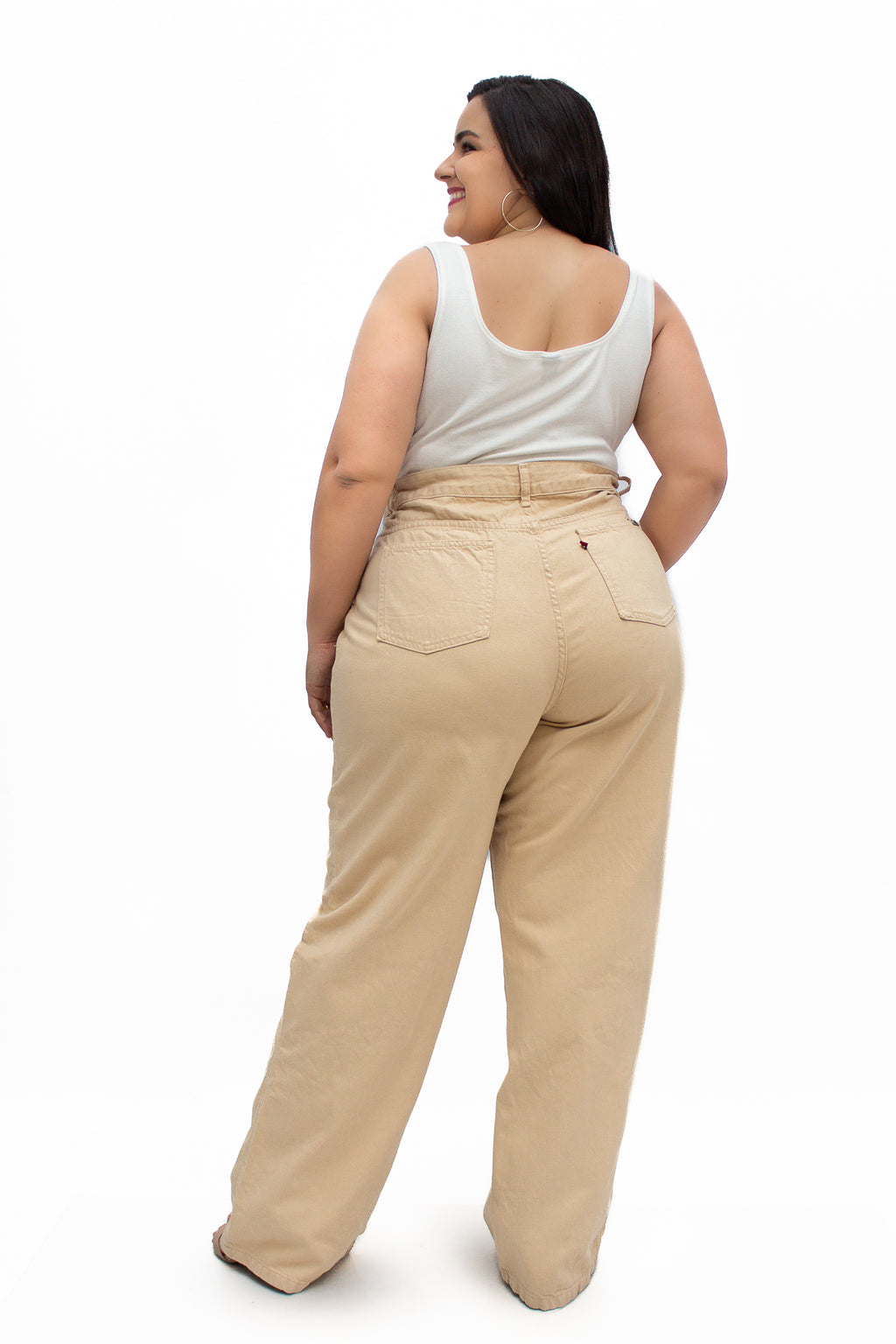 Calça Feminina Plus Size Wide Leg Slim com Cordão no Cós