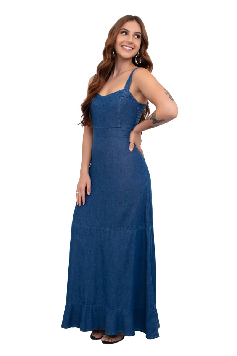 VESTIDO FEMININO LONGO ALÇA GROSSA LASTEX CAMBOS JEANS