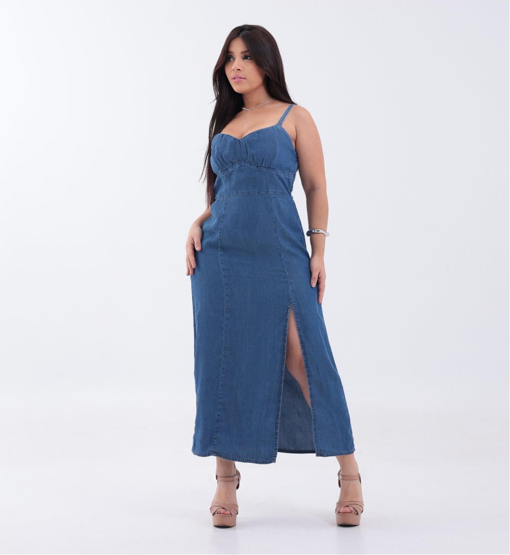 Vestido Jeans Midi com Fenda
