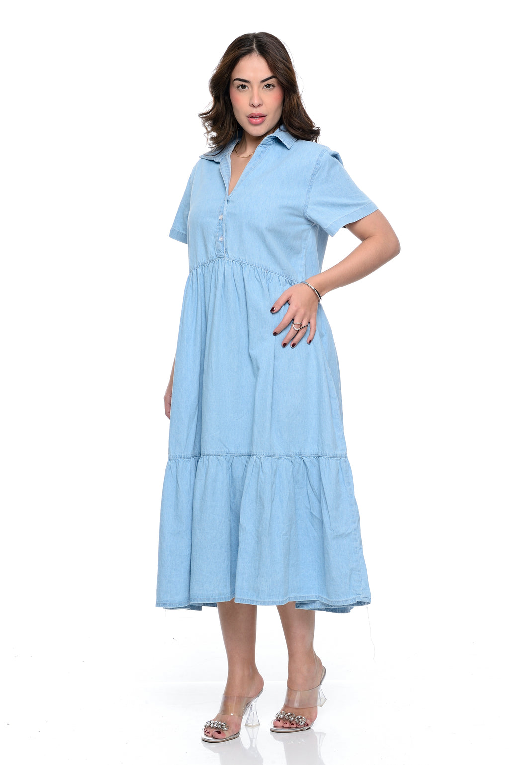 Vestido Midi Marias Decote V Jeans Claro Cambos Casual Botão