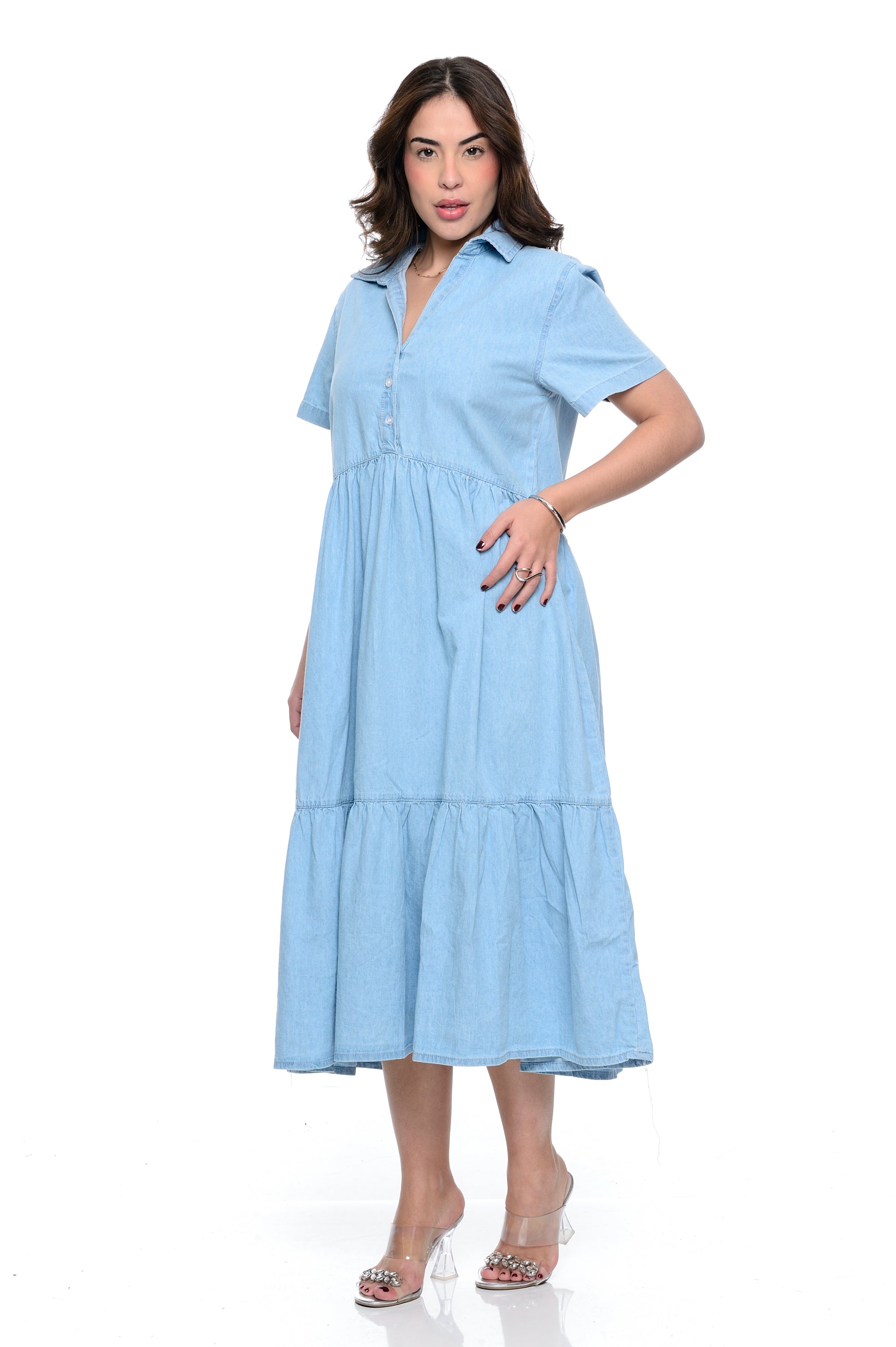 Vestido Midi Marias Decote V Jeans Claro Cambos Casual Botão