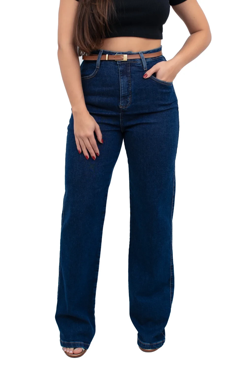 CALÇA FEMININA WIDE LEG LYCRA BÁSICA CINTO CAMBOS JEANS
