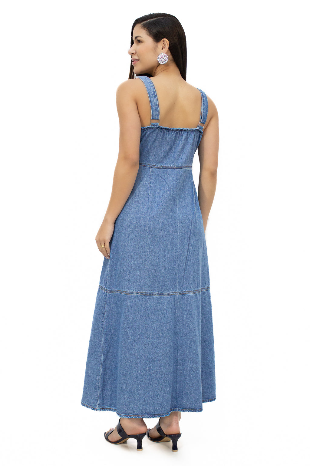 Vestido Jeans Longo com Botões Frontais