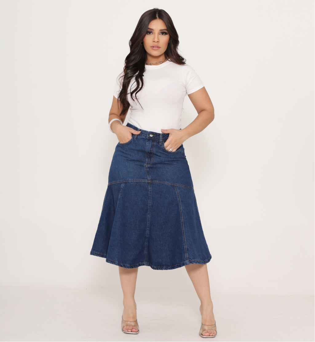 Saia Jeans Midi Evase com Recortes